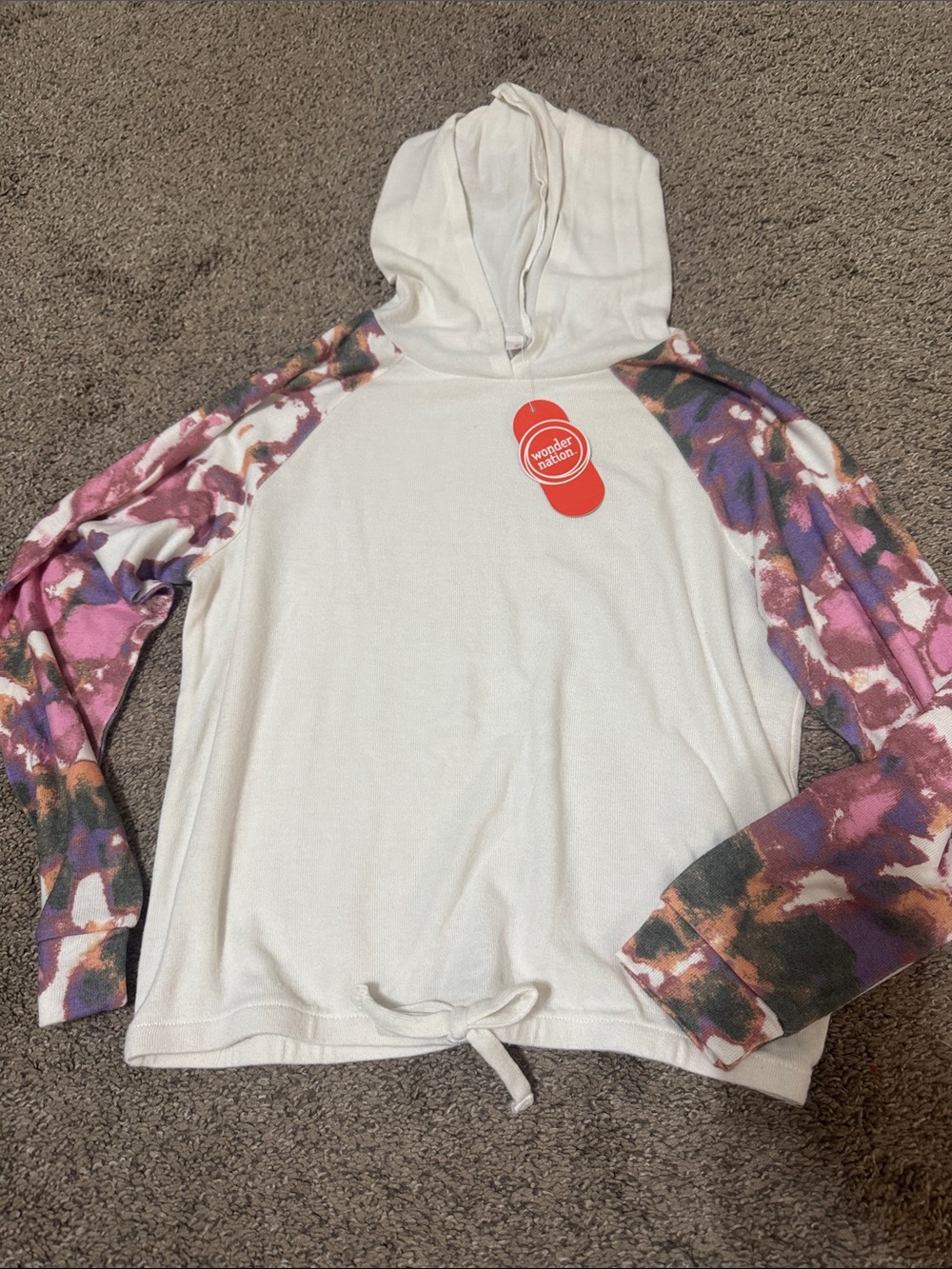 NWT Wonder Nation soft Cream Hoodie with Purple Tie-Dye Sleeves